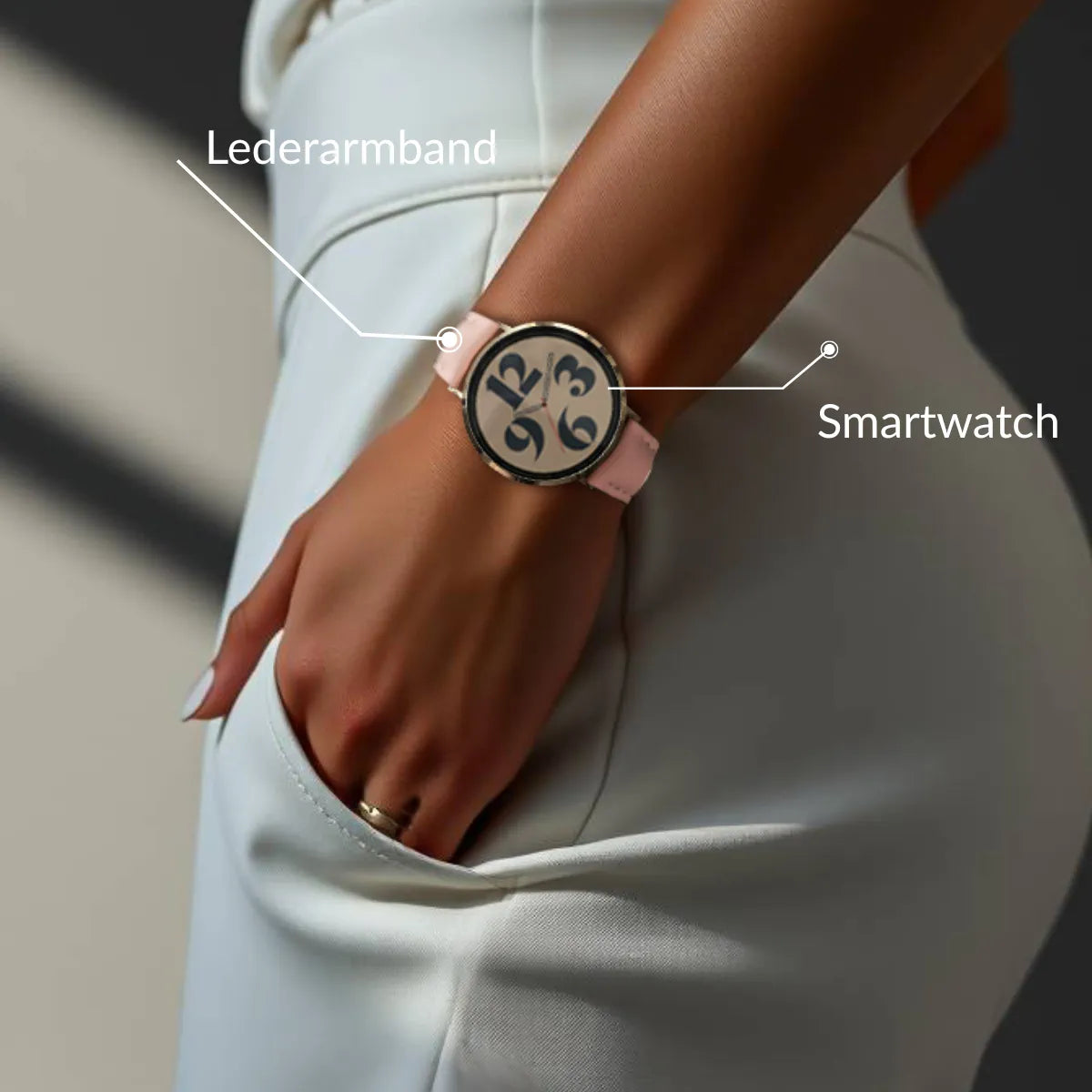 Close up Fashion Style Frau in stilvollem Outfit mit smartwatch mit rosa Armband
