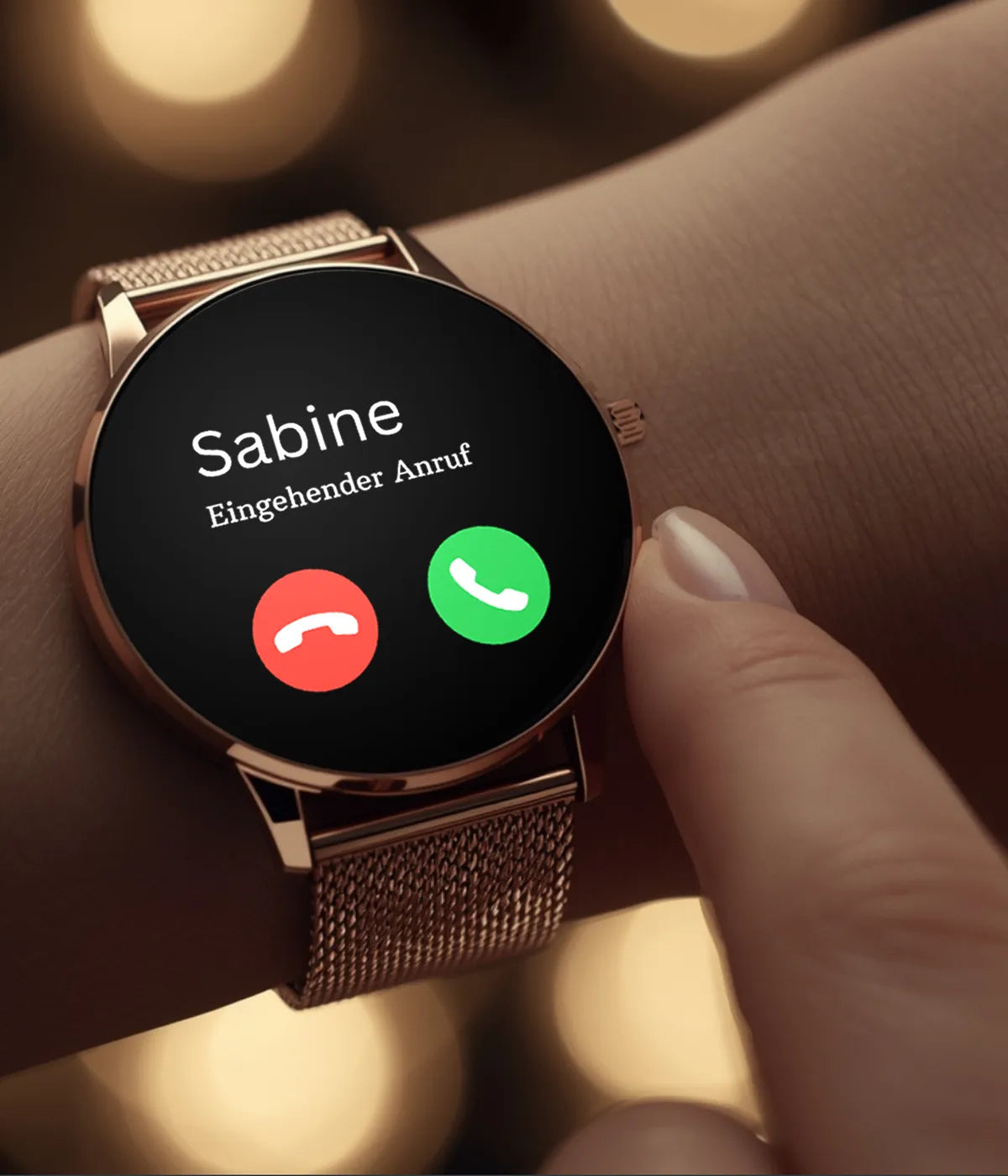 Eingehender Anruf auf dem Smartwatch-Display – klare Darstellung