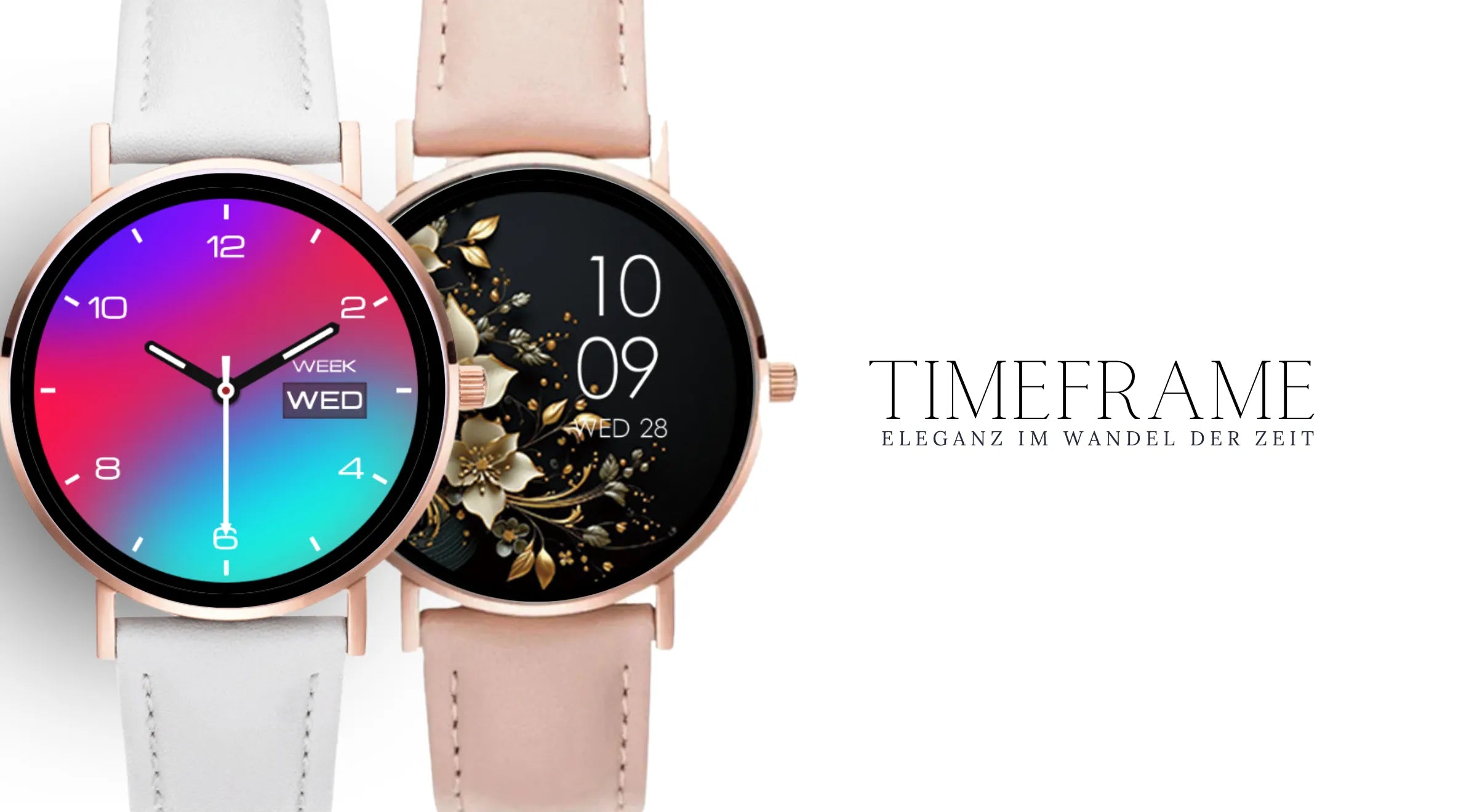 Zeigt beide Uhren mit verschiedenen Armbändern und Watchfaces