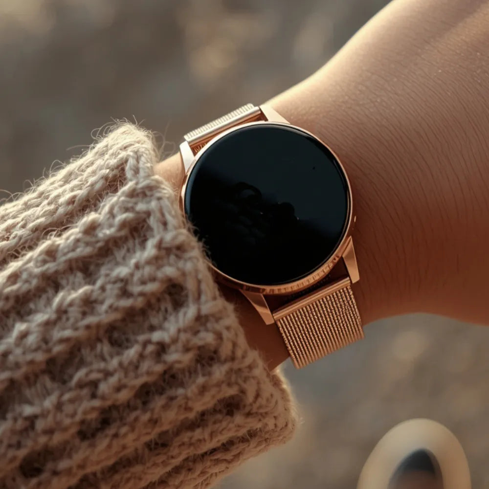 Nahaufnahme einer Smartwatch mit schwarzem Display und cozy outfit