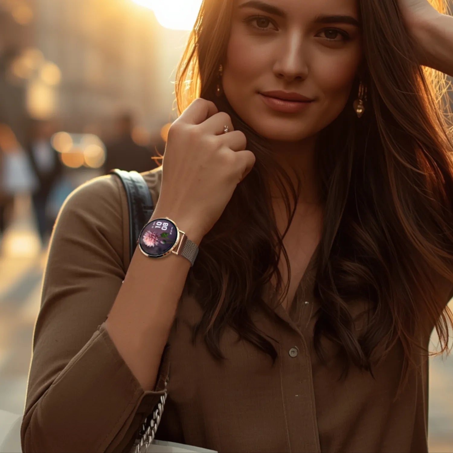 Nahaufnahme eines Models mit edler Smartwatch am Handgelenk