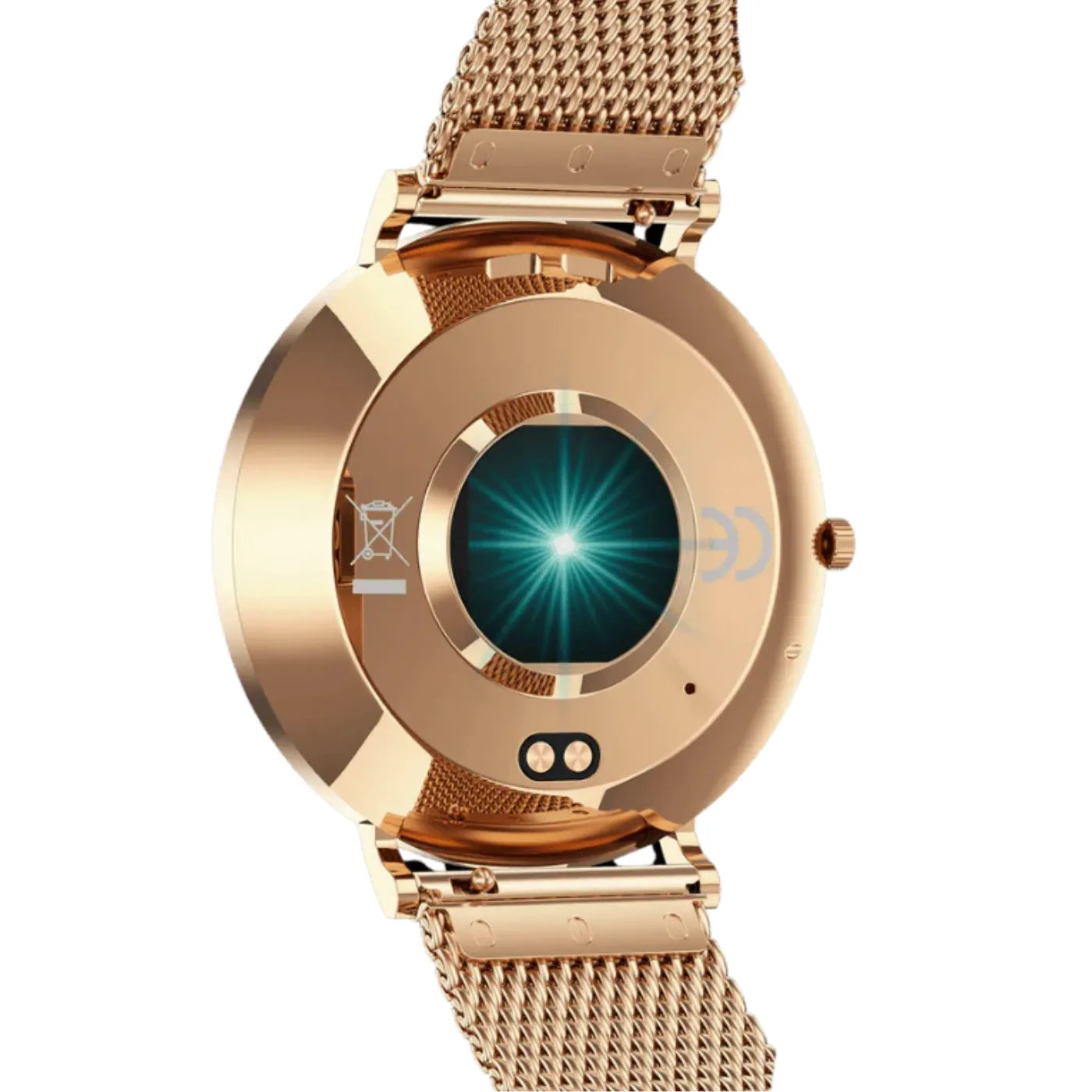 Rückansicht des rosegoldenen Gehäuses der Timeframe Damensmartwatch mit Biosensor